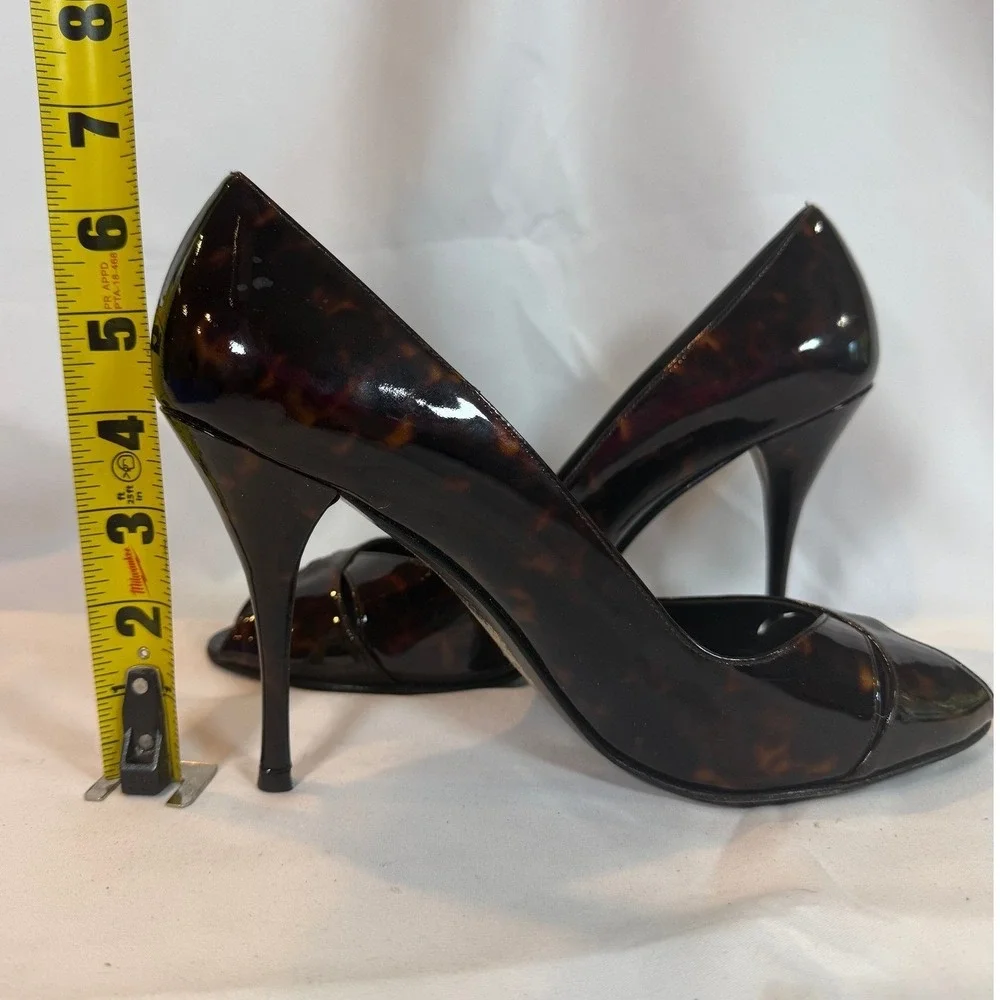 Stuart Weitzman Tortoise Patent Leather Peep Toe Stiletto Pumps Brown 10